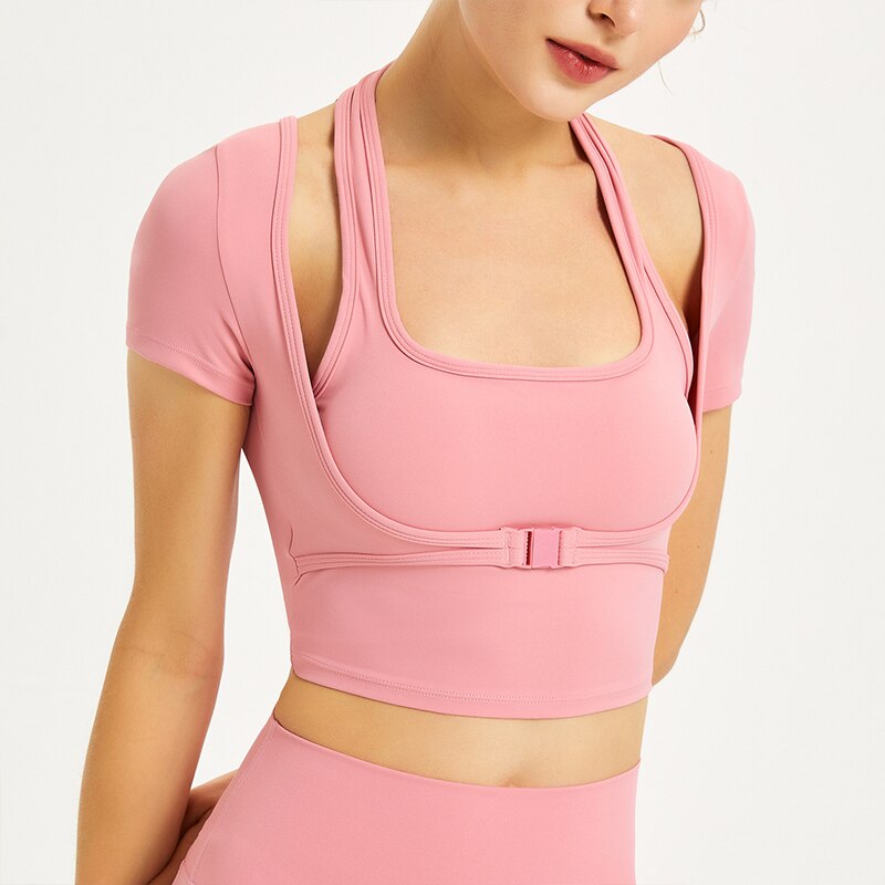 Short-Sleeve Sports Bra Top Stretch Waist-Flattering