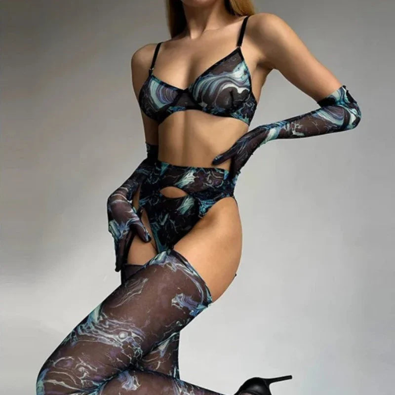 5-Piece Tie-Dye Mesh Thong Lingerie Set
