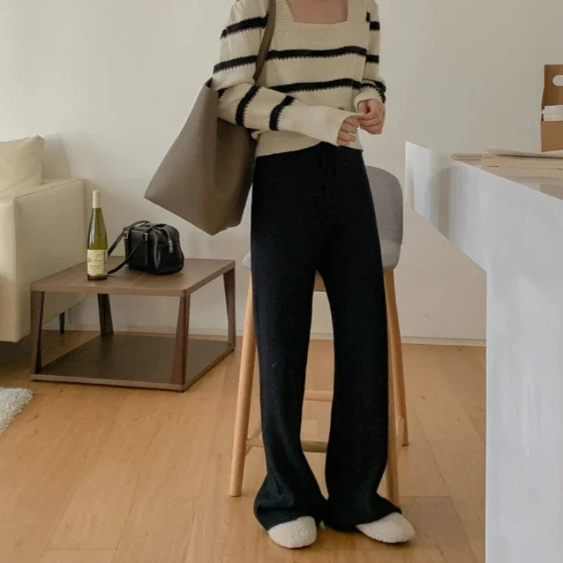 Ribbed Knit Straight-Leg Tie-Waist Relaxed Pants