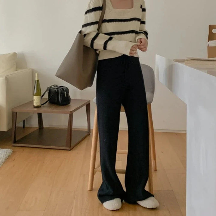 Ribbed Knit Straight-Leg Tie-Waist Relaxed Pants