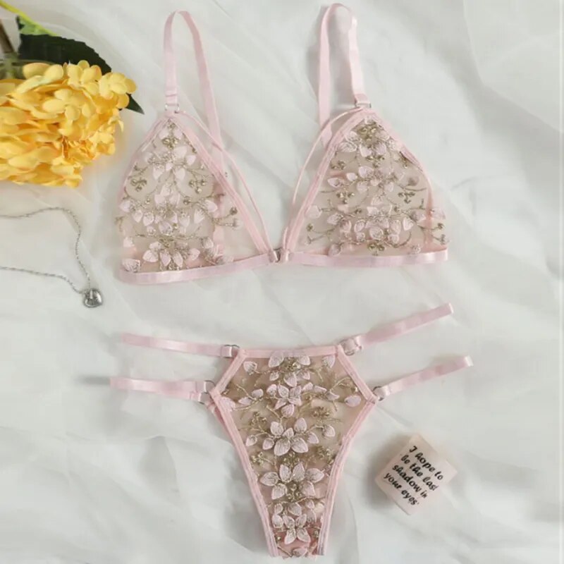 Embroidered Elastic-Waist Mesh Lingerie Set
