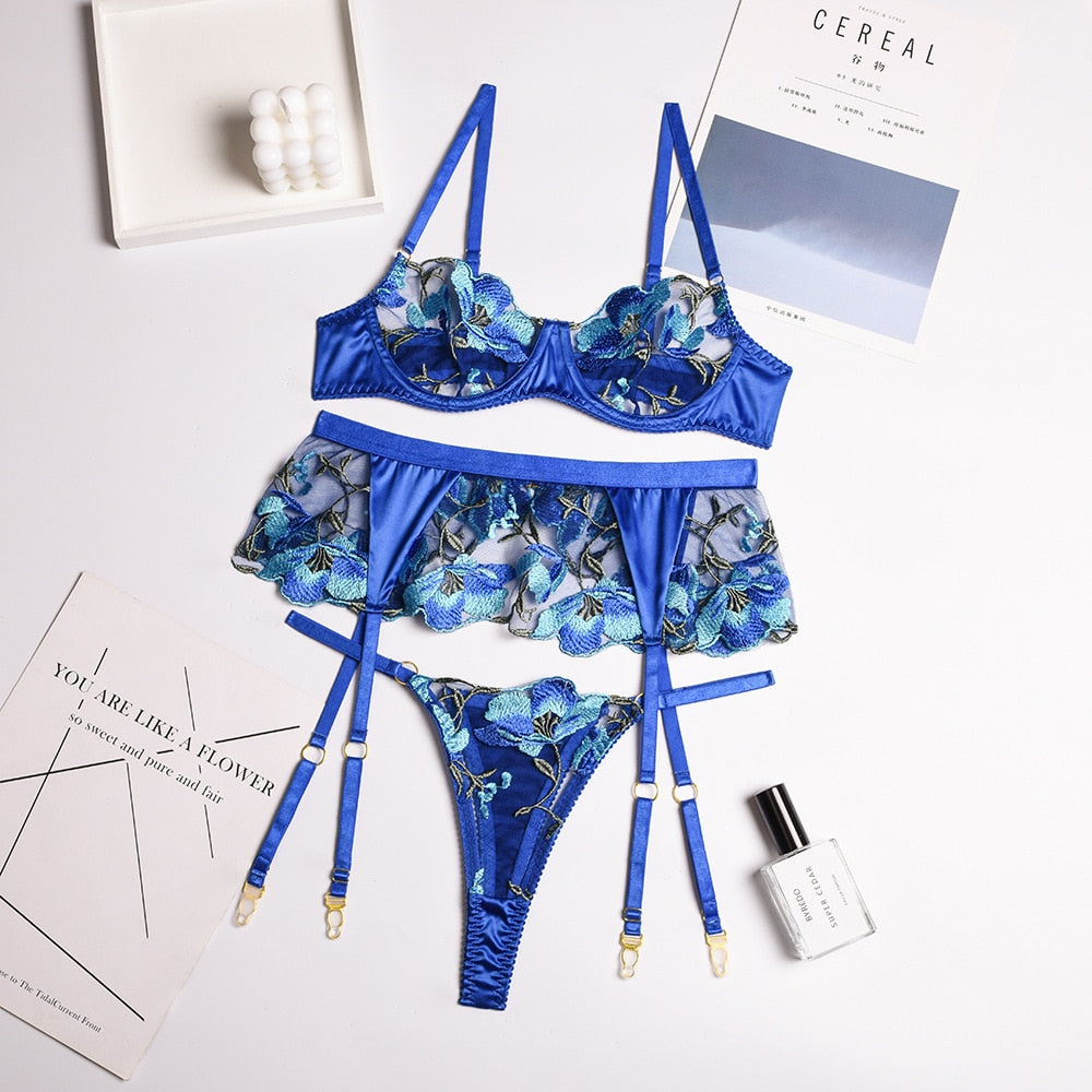 3-Piece Floral Lace Embroidered Mesh Lingerie Set