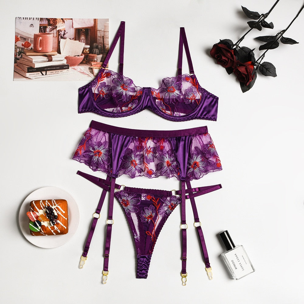 3-Piece Floral Lace Embroidered Mesh Lingerie Set