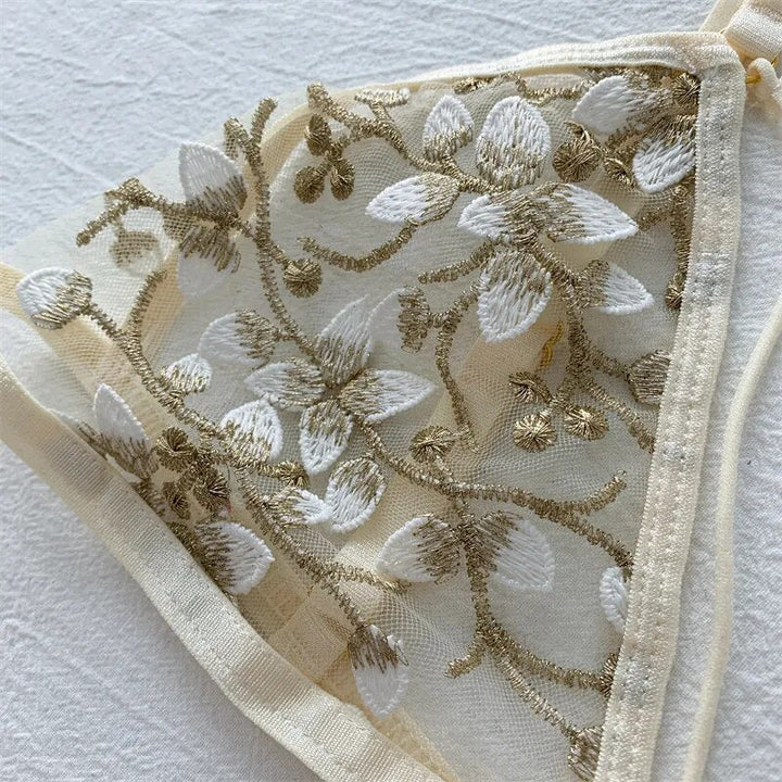 Embroidered Elastic-Waist Mesh Lingerie Set