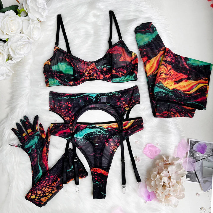 5-Piece Tie-Dye Mesh Thong Lingerie Set