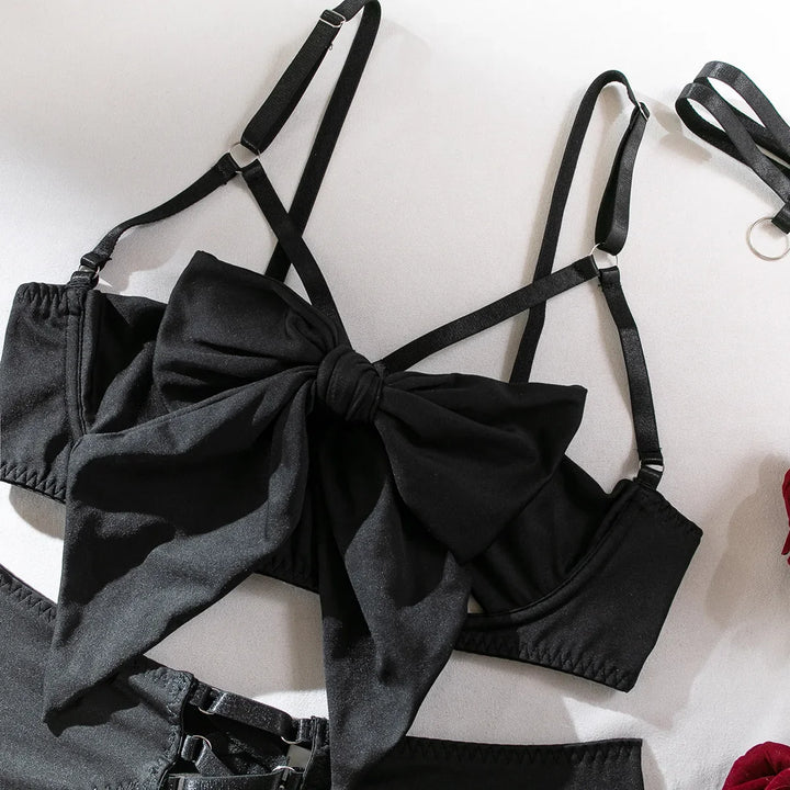 Lace Bra Thong Gloves and Garter Belt Set