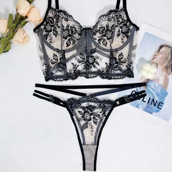 Floral Bustier Low-Rise Mesh Lace Lingerie Set