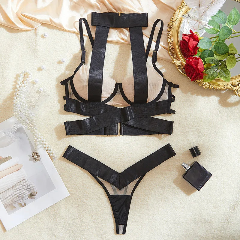 Lace Adjustable Strap Bra and Thong Set