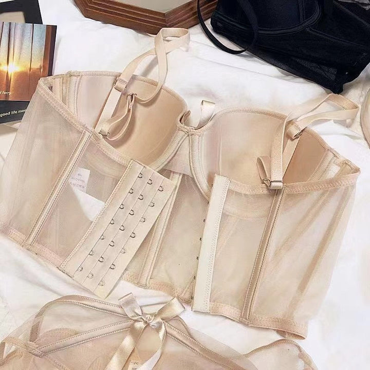 Corset-Style Mesh Lingerie Set with Bows
