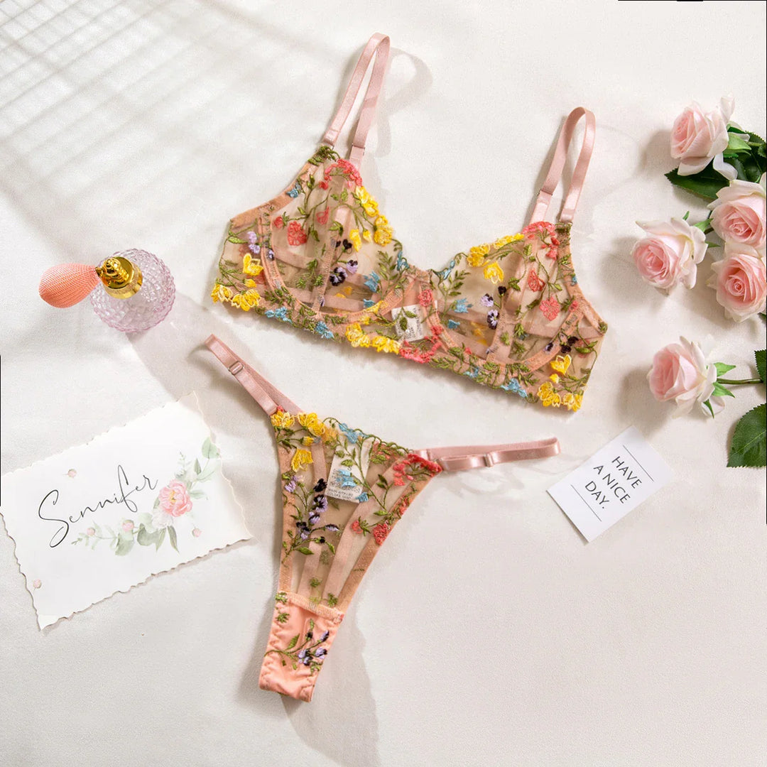 Embroidered Colourful Floral Lingerie Set