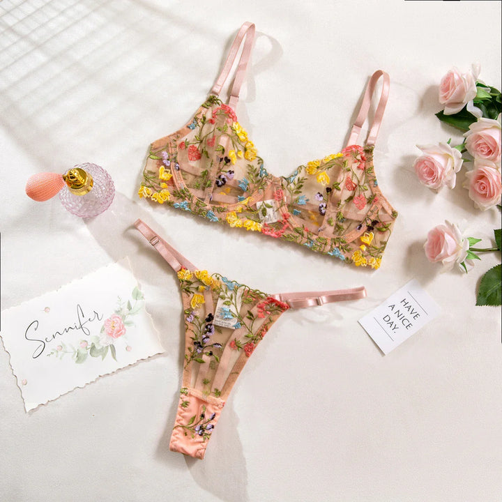 Embroidered Colourful Floral Lingerie Set