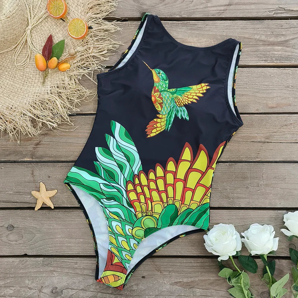 Oriental Print Stretch One-Piece Swimsuit
