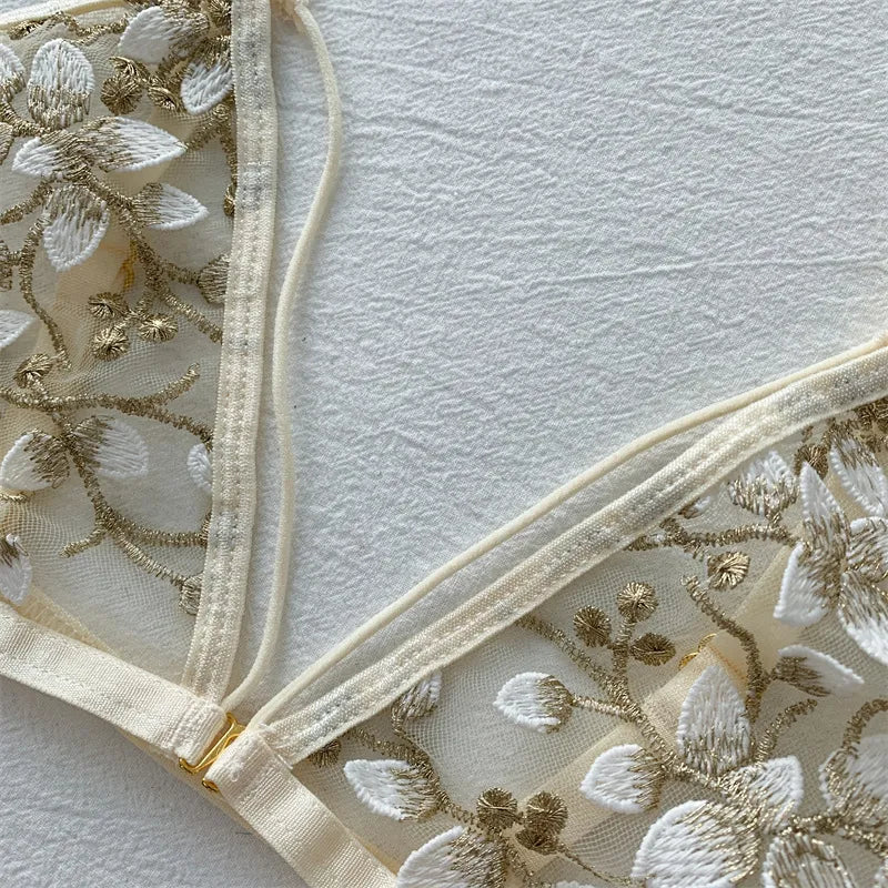 Embroidered Elastic-Waist Mesh Lingerie Set