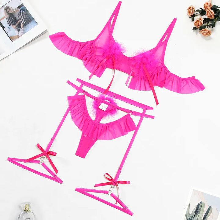 Mesh Ruffle and Pom-Pom Adjustable Lingerie Set