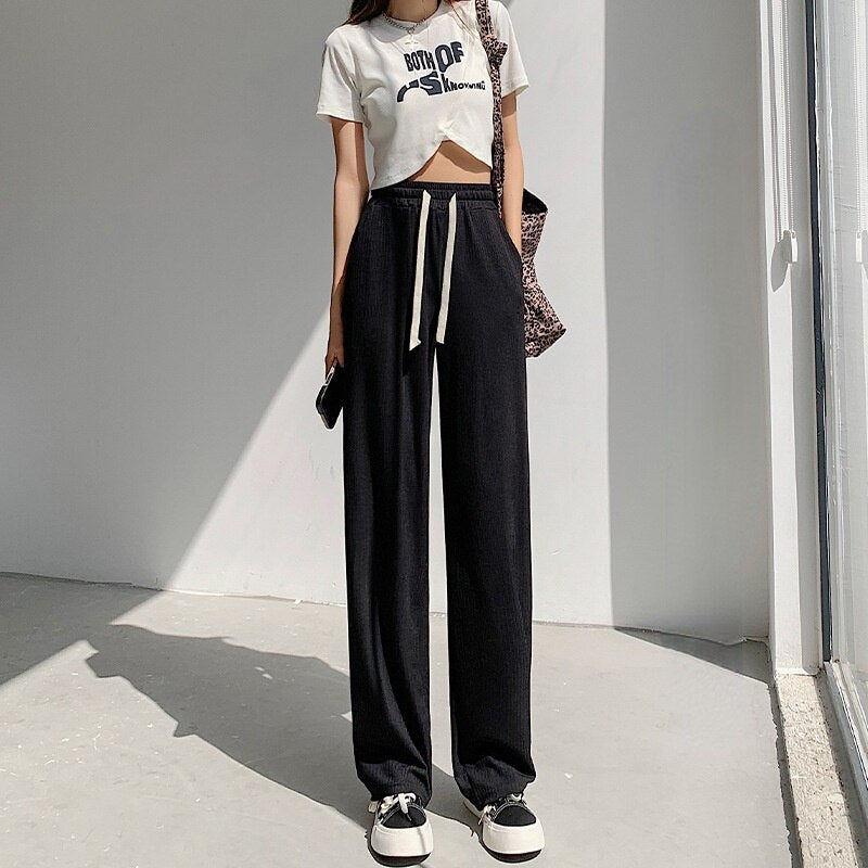 Straight-Leg Tie-Belt Ribbed Relaxed Pants