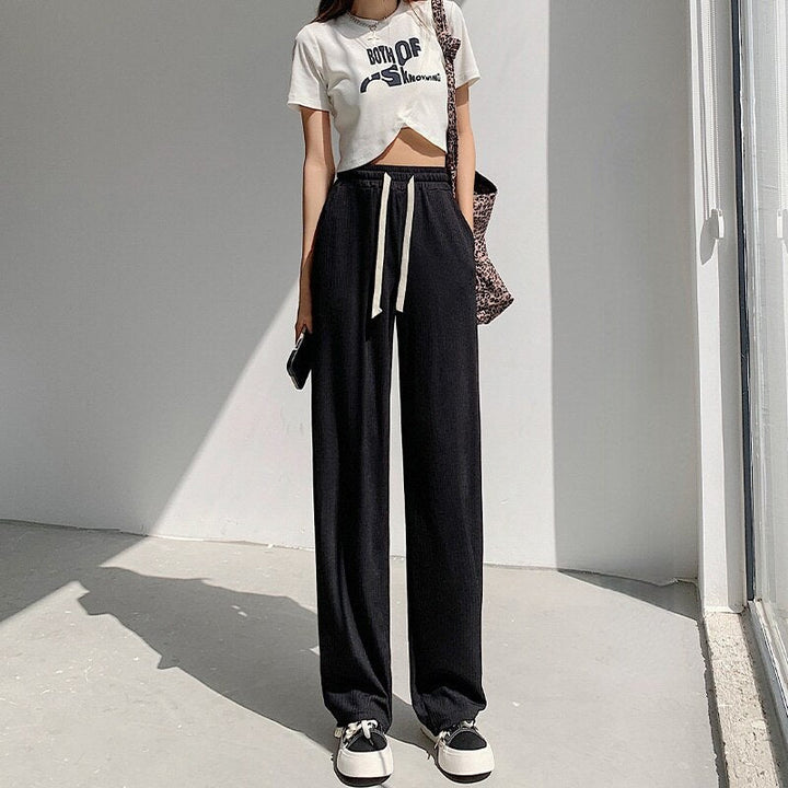 Straight-Leg Tie-Belt Ribbed Relaxed Pants