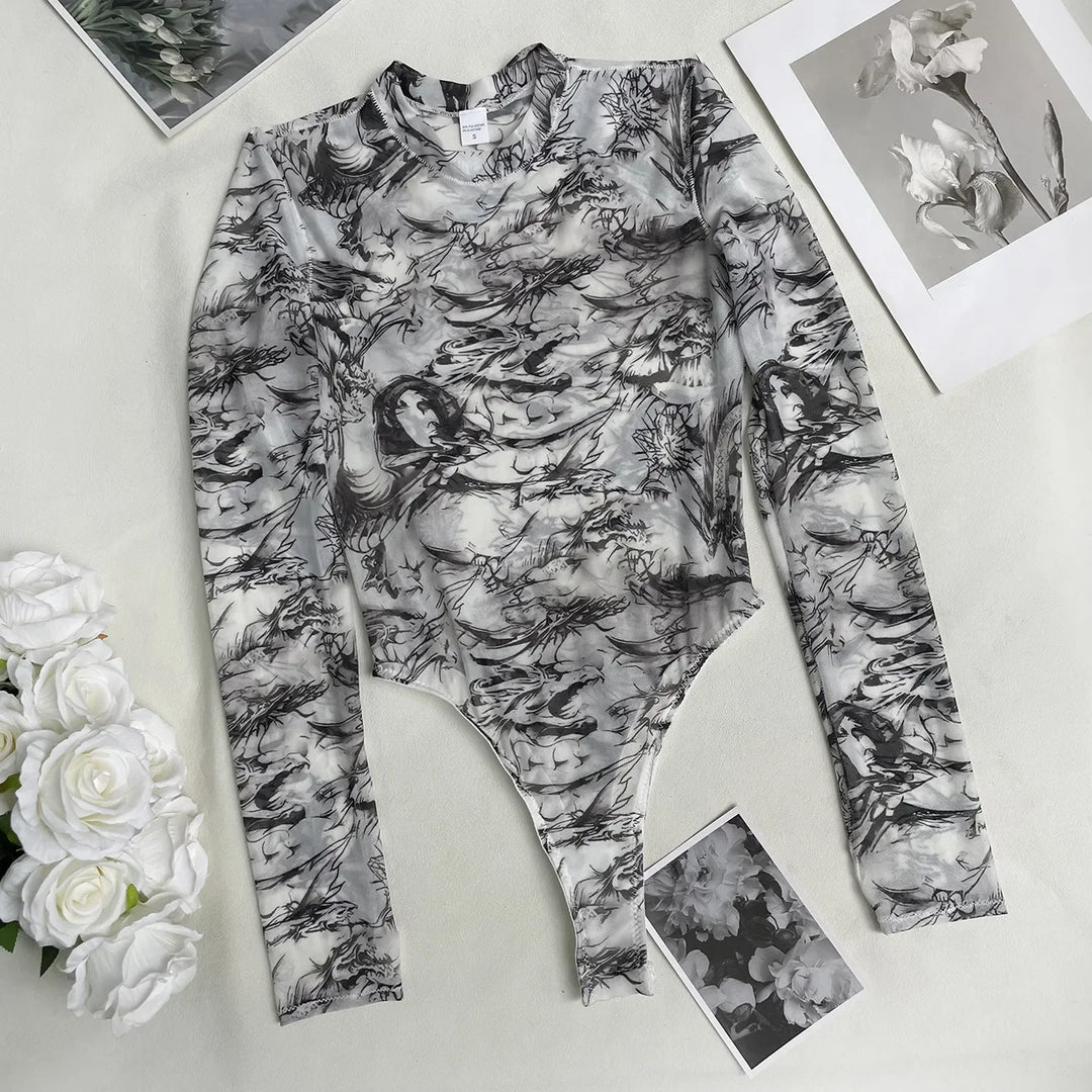 High-Leg Stand-Collar Long-Sleeve Printed Bodysuit