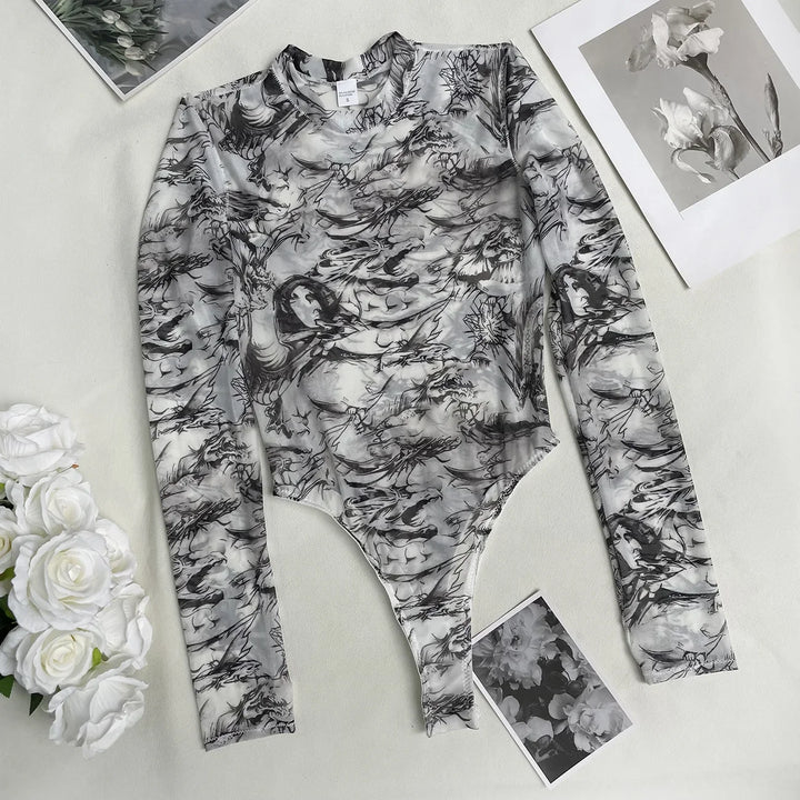 High-Leg Stand-Collar Long-Sleeve Printed Bodysuit