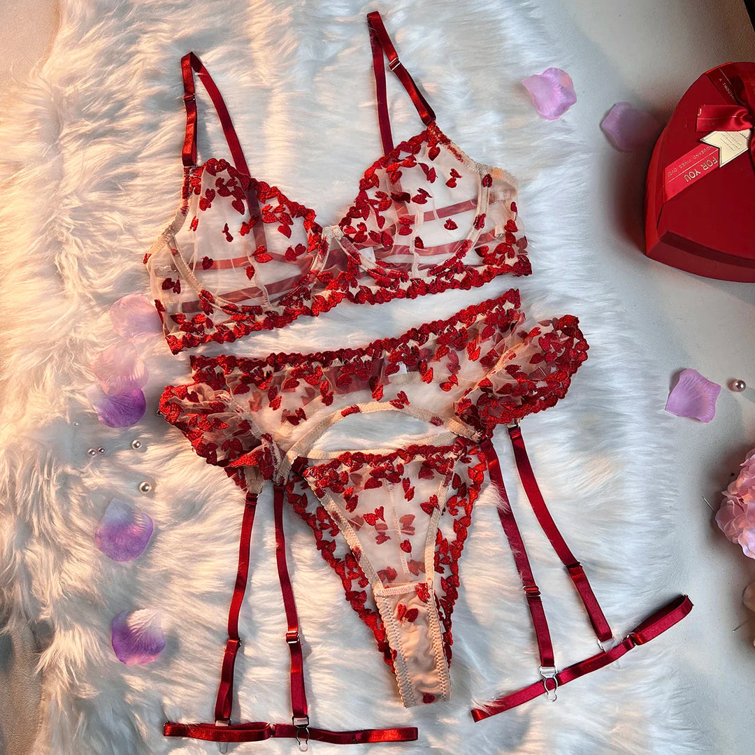 4-Piece White Heart Embroidered Mesh Lingerie Set