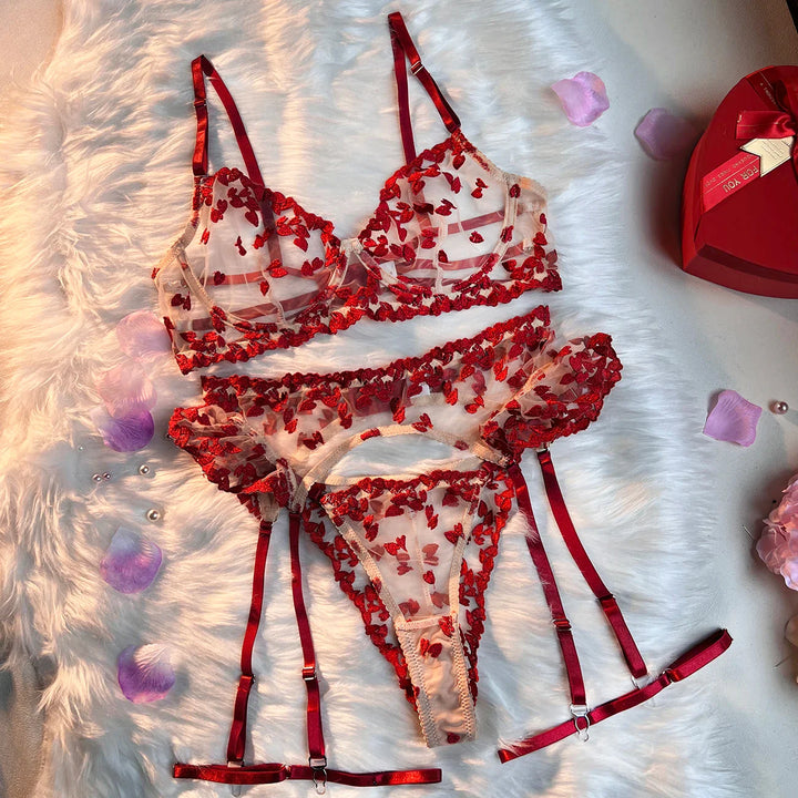 4-Piece White Heart Embroidered Mesh Lingerie Set