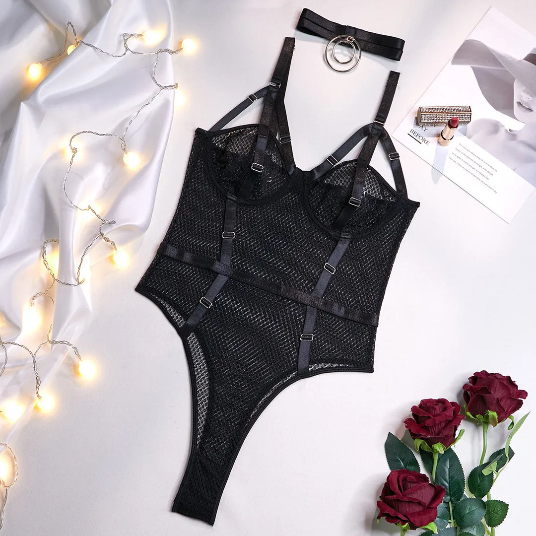 Mesh Choker Lampas-Detail Adjustable Bodysuit