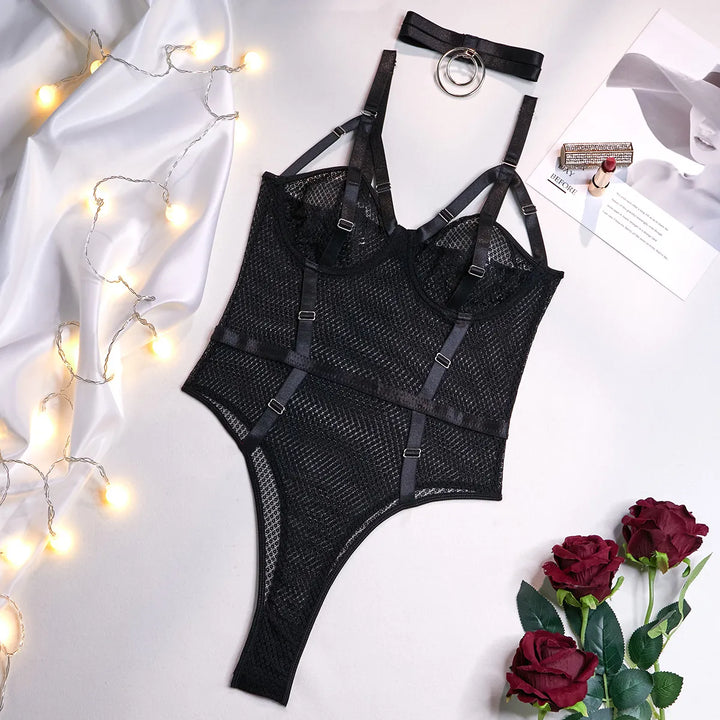 Mesh Choker Lampas-Detail Adjustable Bodysuit