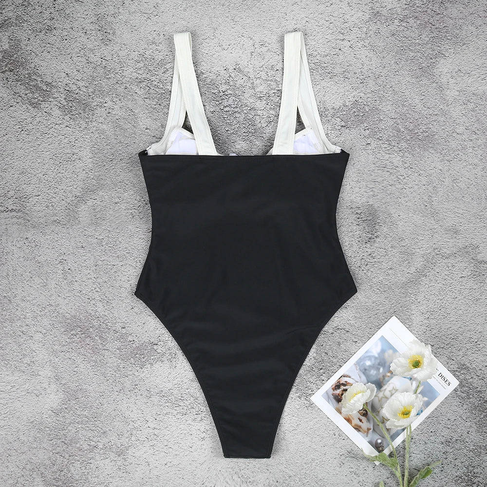 Two-Tone Minimalist High-Cut One-Piece Swimsuit