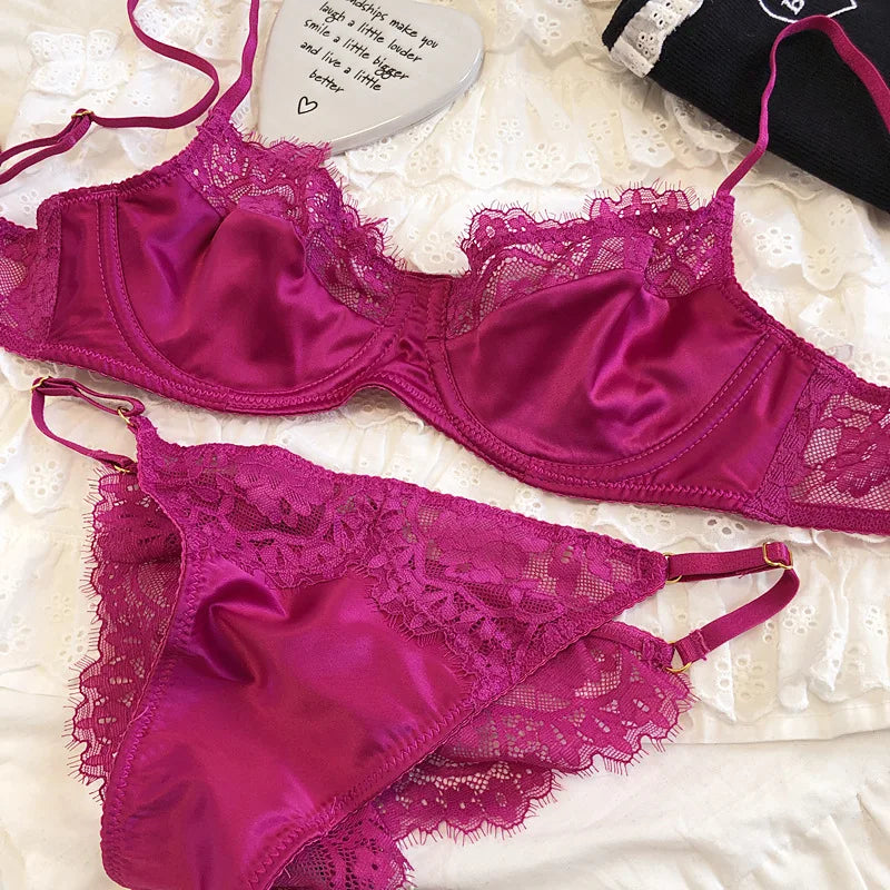 Lace-Trim Underwire Bra and Thong Lingerie Set