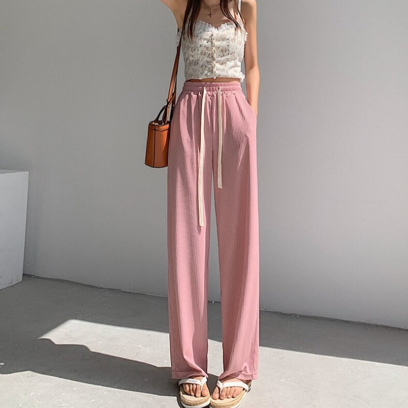 Straight-Leg Tie-Belt Ribbed Relaxed Pants