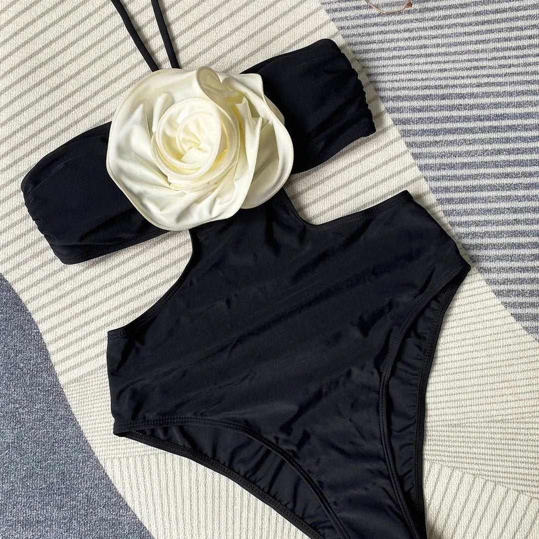 Tie-Neck Decorative Rose One-Piece Swimsuit
