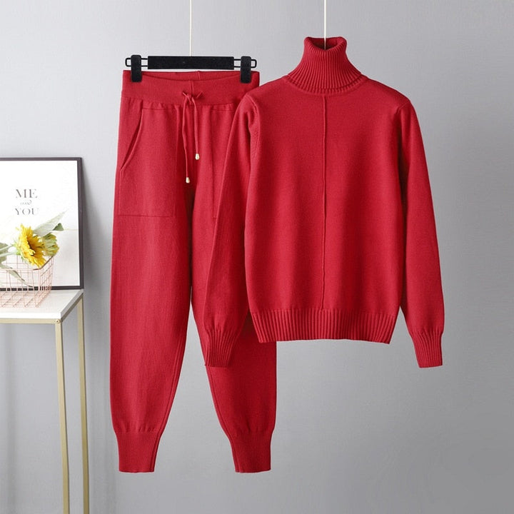 Ribbed Turtleneck Knit Sweater and Pants Lounge Set