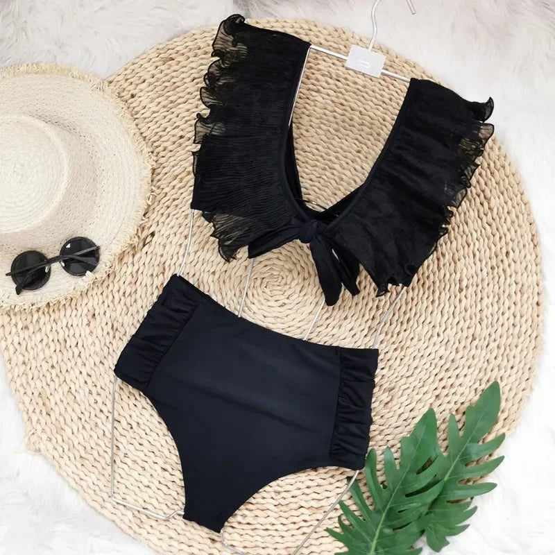 High-Waist Ruffle-Sleeve Two-Piece Swimsuit