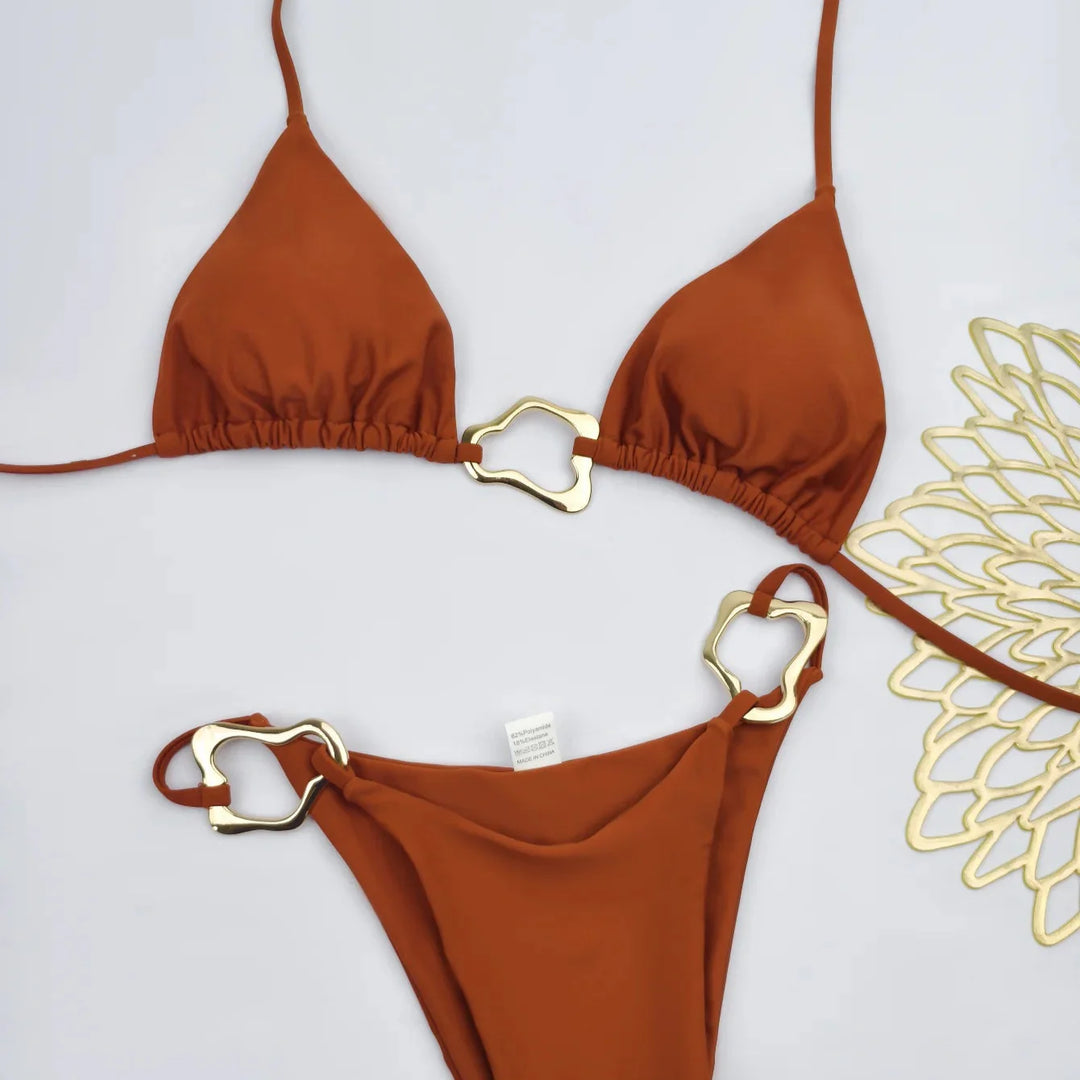 Minimalist Gold Buckle Tie-Neck Bikini