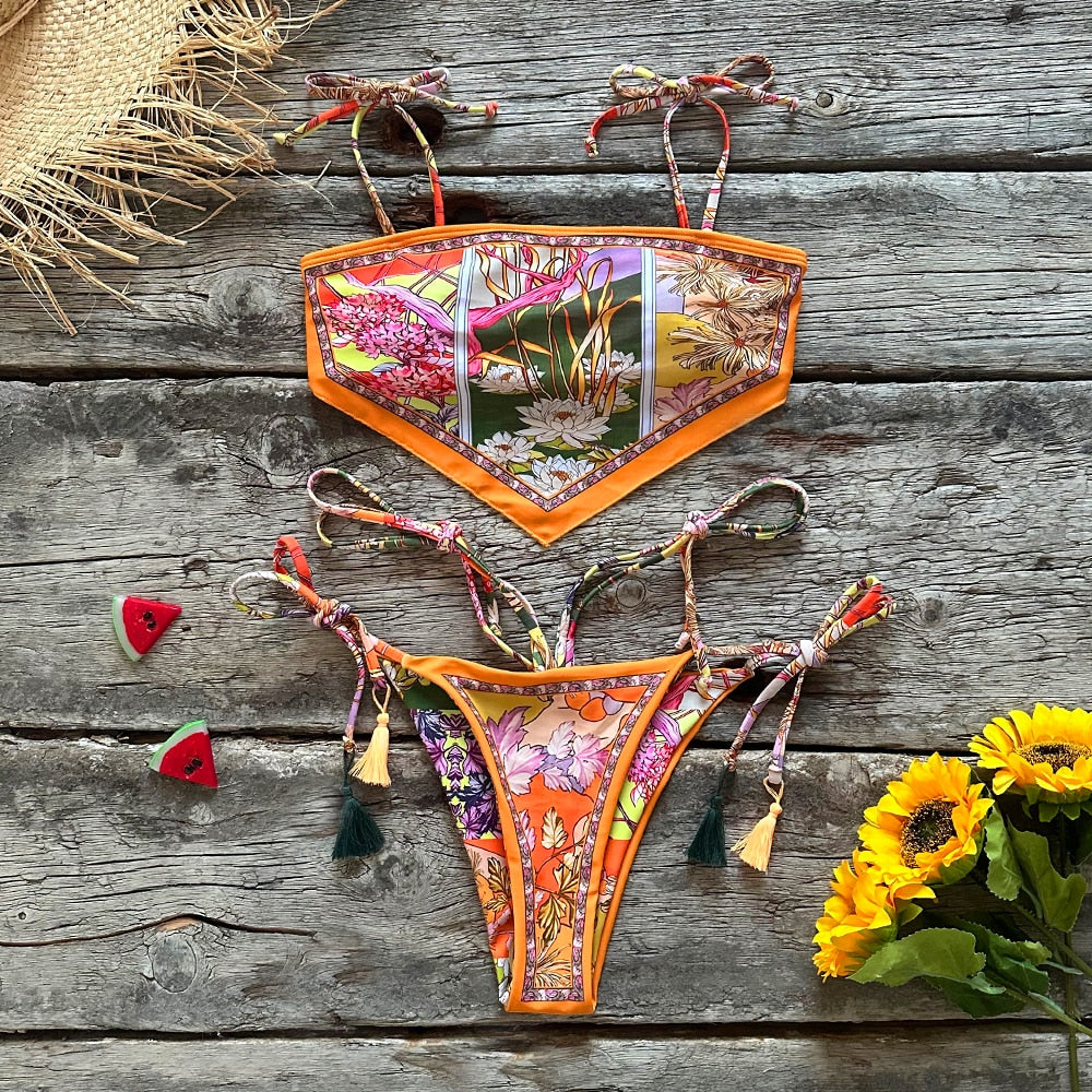 Bandana Print Two-Piece Swimsuit Decorative Ties