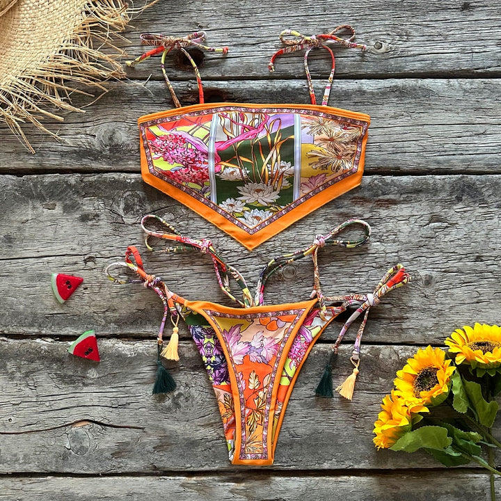 Bandana Print Two-Piece Swimsuit Decorative Ties