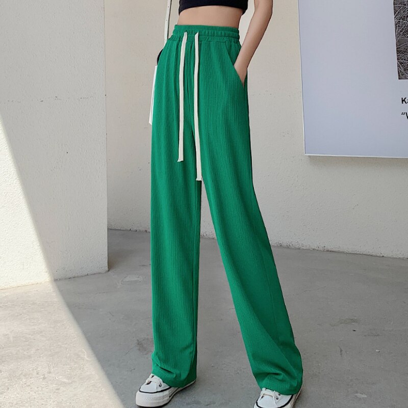 Straight-Leg Tie-Belt Ribbed Relaxed Pants
