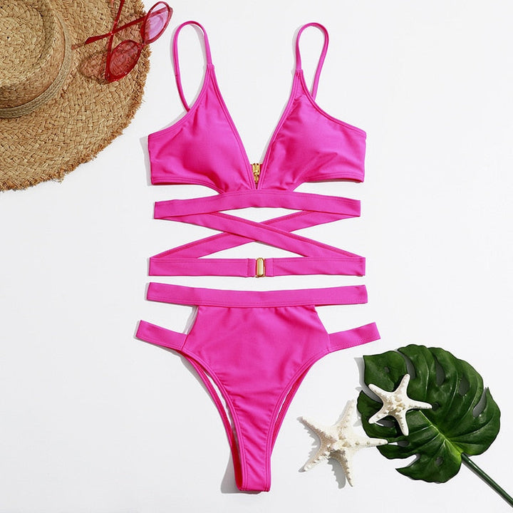 Strappy High-Waist Bikini Two-Piece Swimsuit