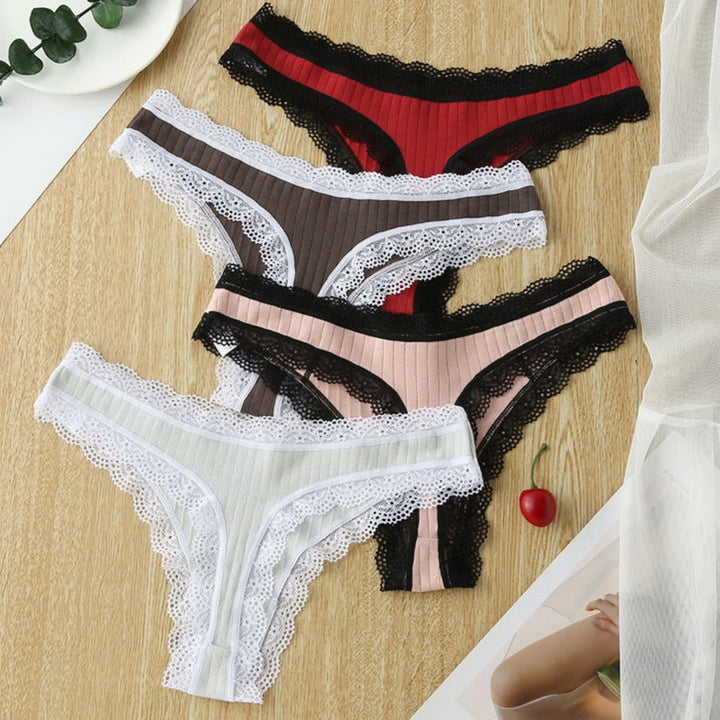 Cotton Ribbed Lace Thong Low Rise