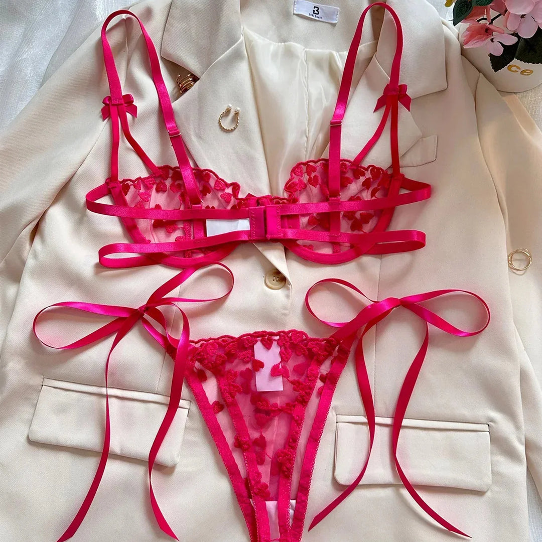 Embroidered Underwire Bra and Thong Lingerie Set