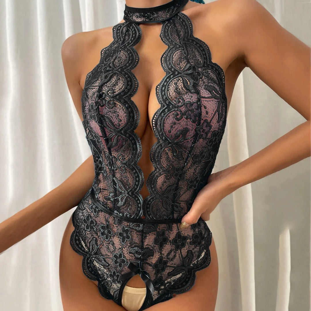 Stand-Collar Open-Crotch Lace Cut-Out Bodysuit