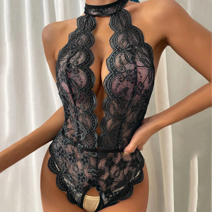 Stand-Collar Open-Crotch Lace Cut-Out Bodysuit