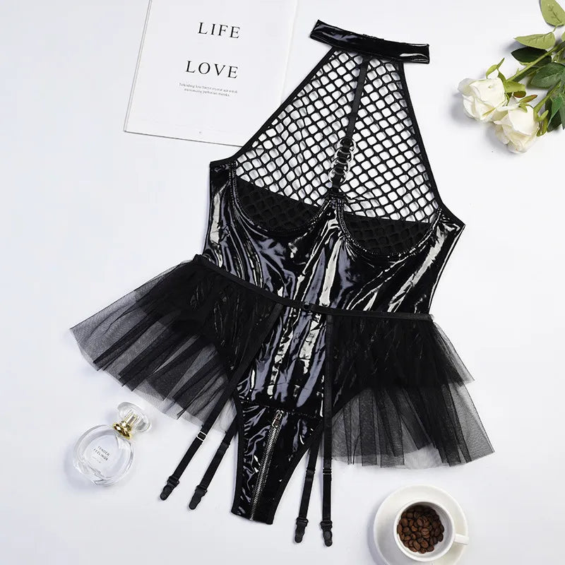 Shimmer Mesh Tulle Garter Open-Corset Bodysuit