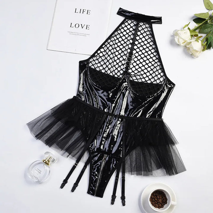 Shimmer Mesh Tulle Garter Open-Corset Bodysuit
