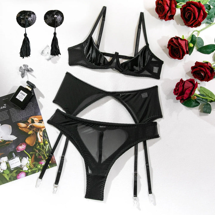 4-Piece Mesh Decorative Lingerie Set with Nipple Covers