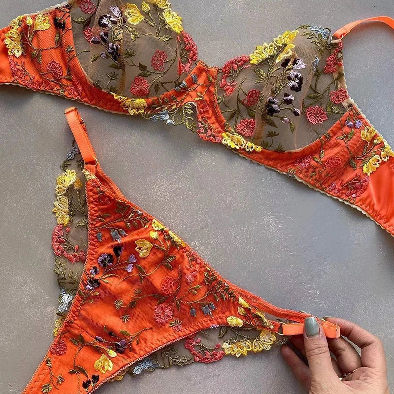 Floral Satin-Insert Mesh Lingerie Set