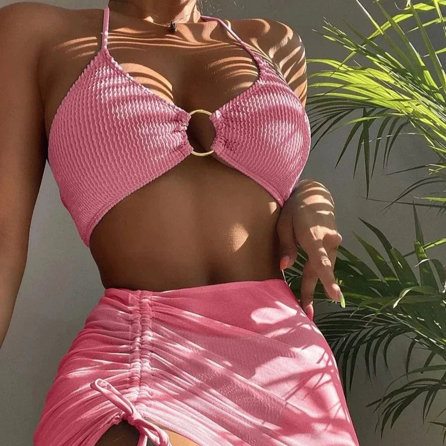 Ribbed Two-Piece Swimsuit with Skirt Adjustable