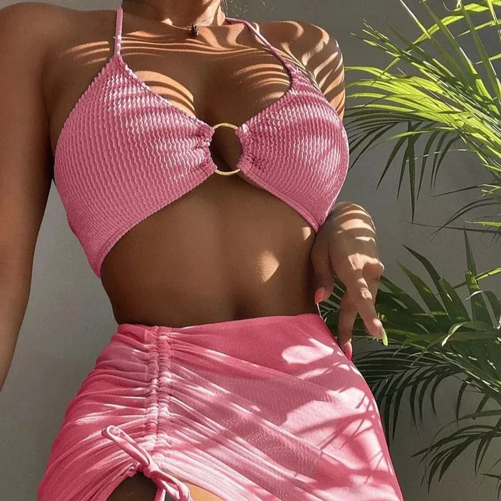 Ribbed Two-Piece Swimsuit with Skirt Adjustable