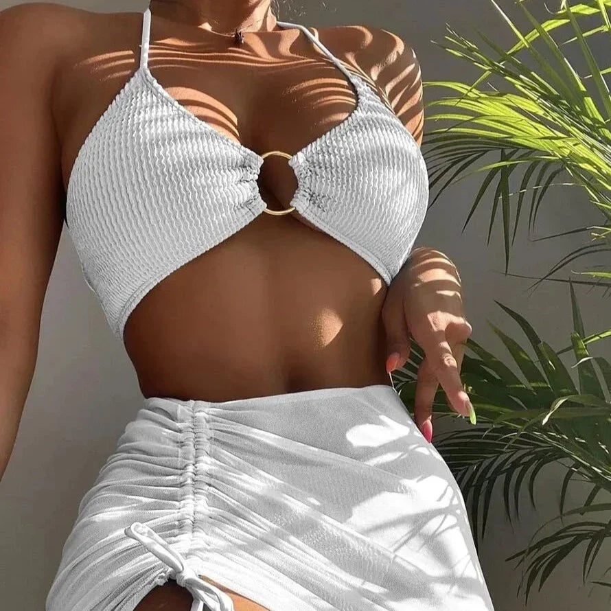 Ribbed Two-Piece Swimsuit with Skirt Adjustable
