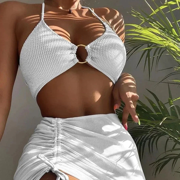 Ribbed Two-Piece Swimsuit with Skirt Adjustable