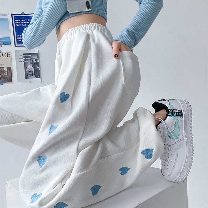 Heart Print Jogger Pants Tie Waist Pockets Cuffs